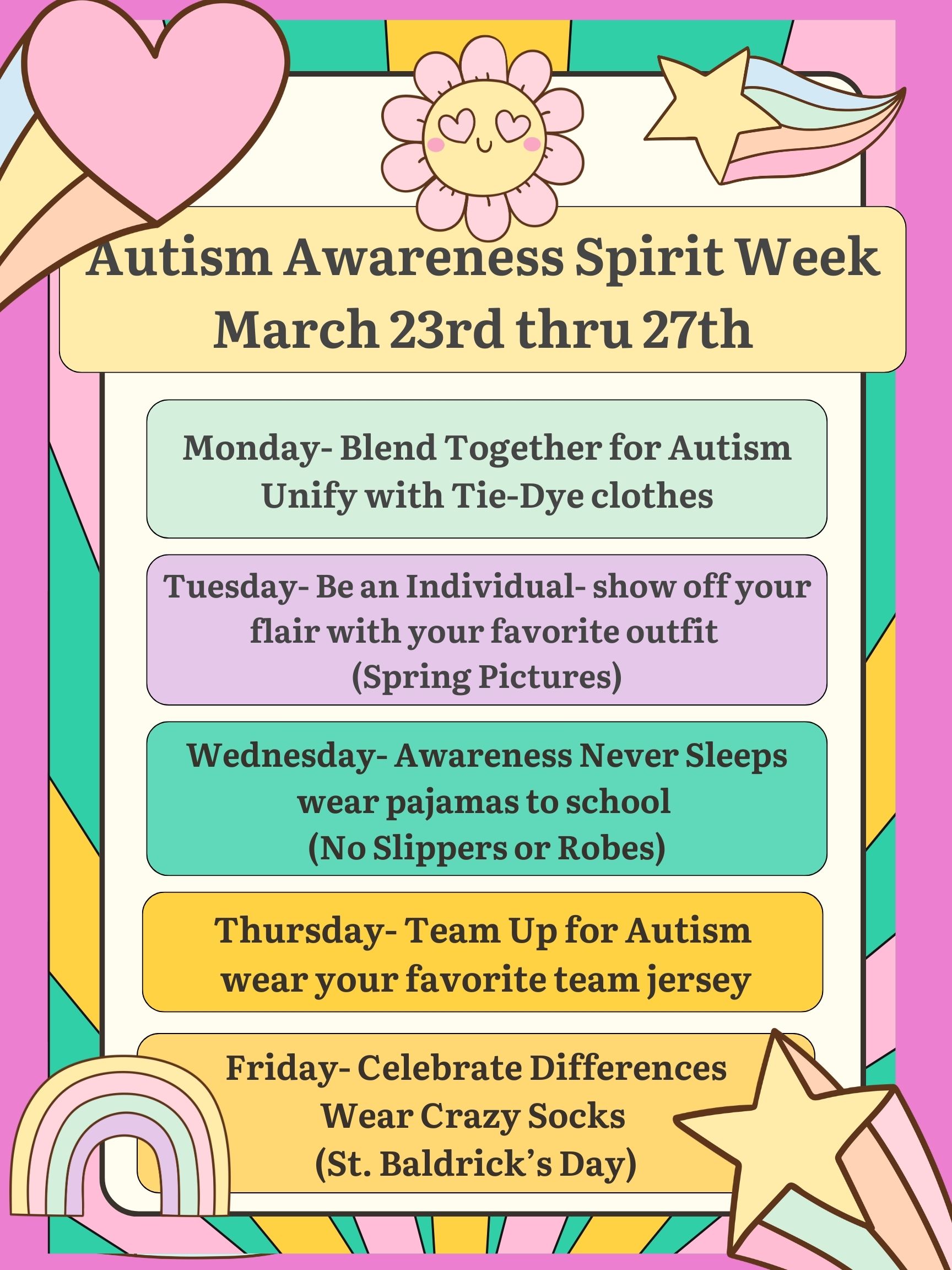 Autism Awareness Spirit Week March 23rd thru 27th
